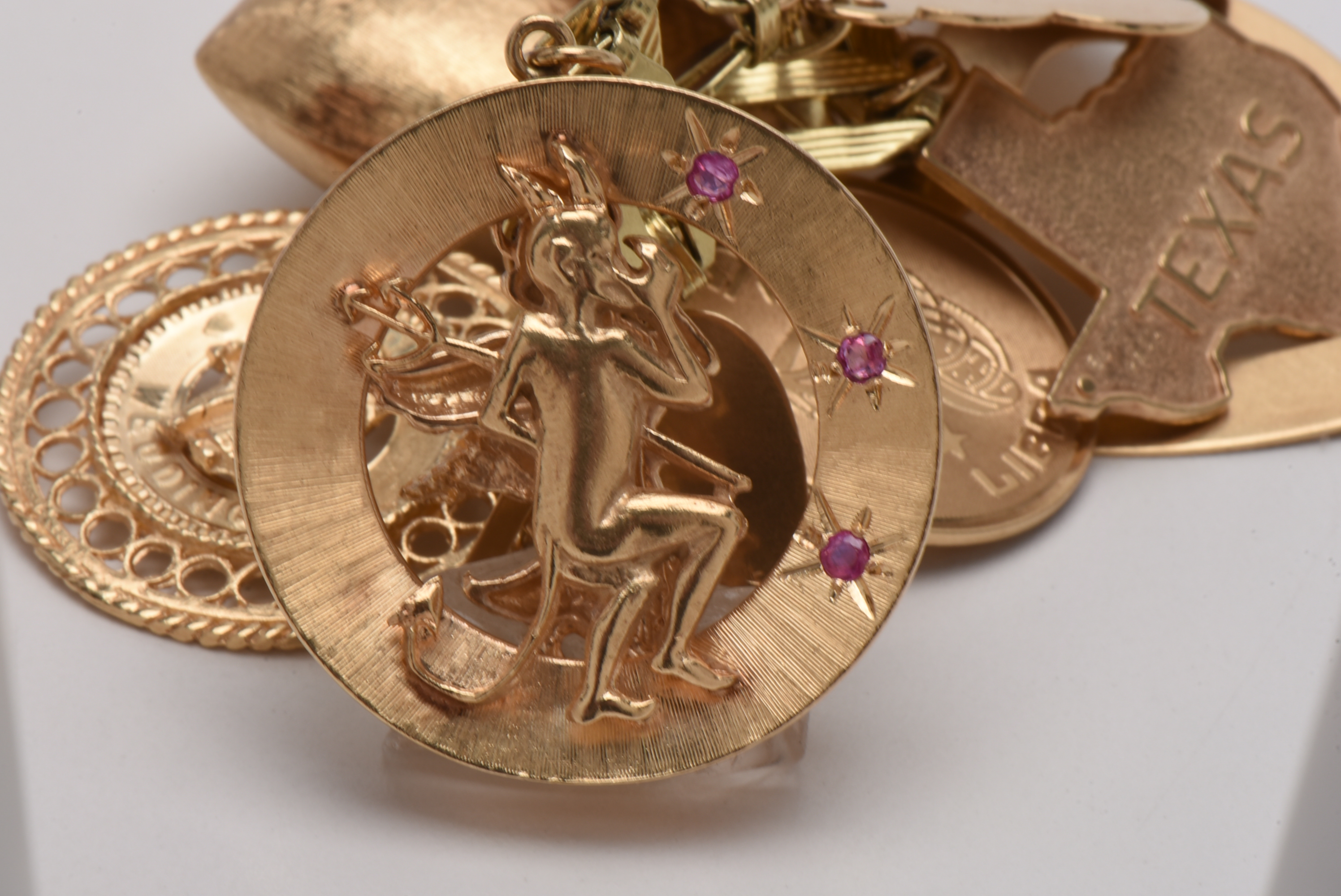 Vintage 14K Yellow Gold Charm Bracelet with Gold Charms and Gemstones