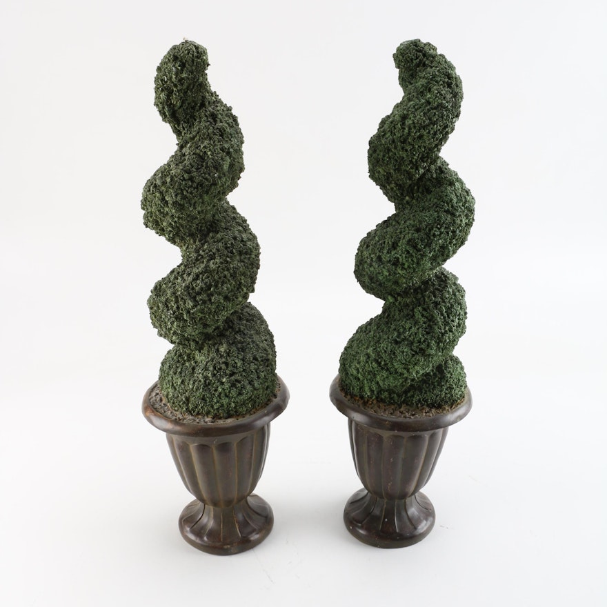 Faux Topiaries Potted in Composite Brown Urns