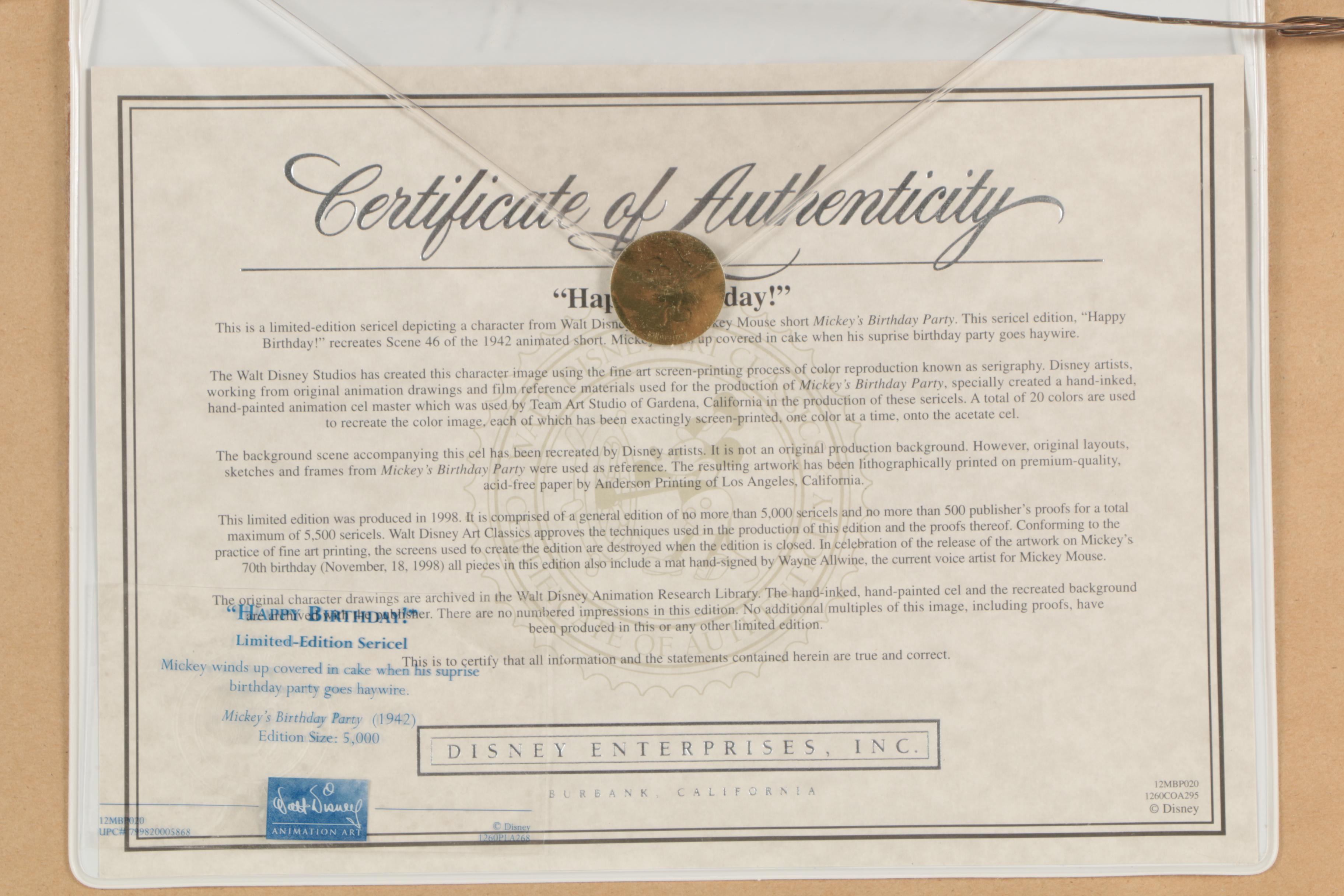 Walt Disney Company Limited Edition Animation Cel "Happy Birthday!"