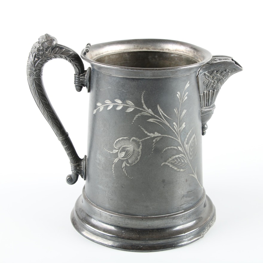 Floral Accented Silver-Plated Ice Water Pitcher