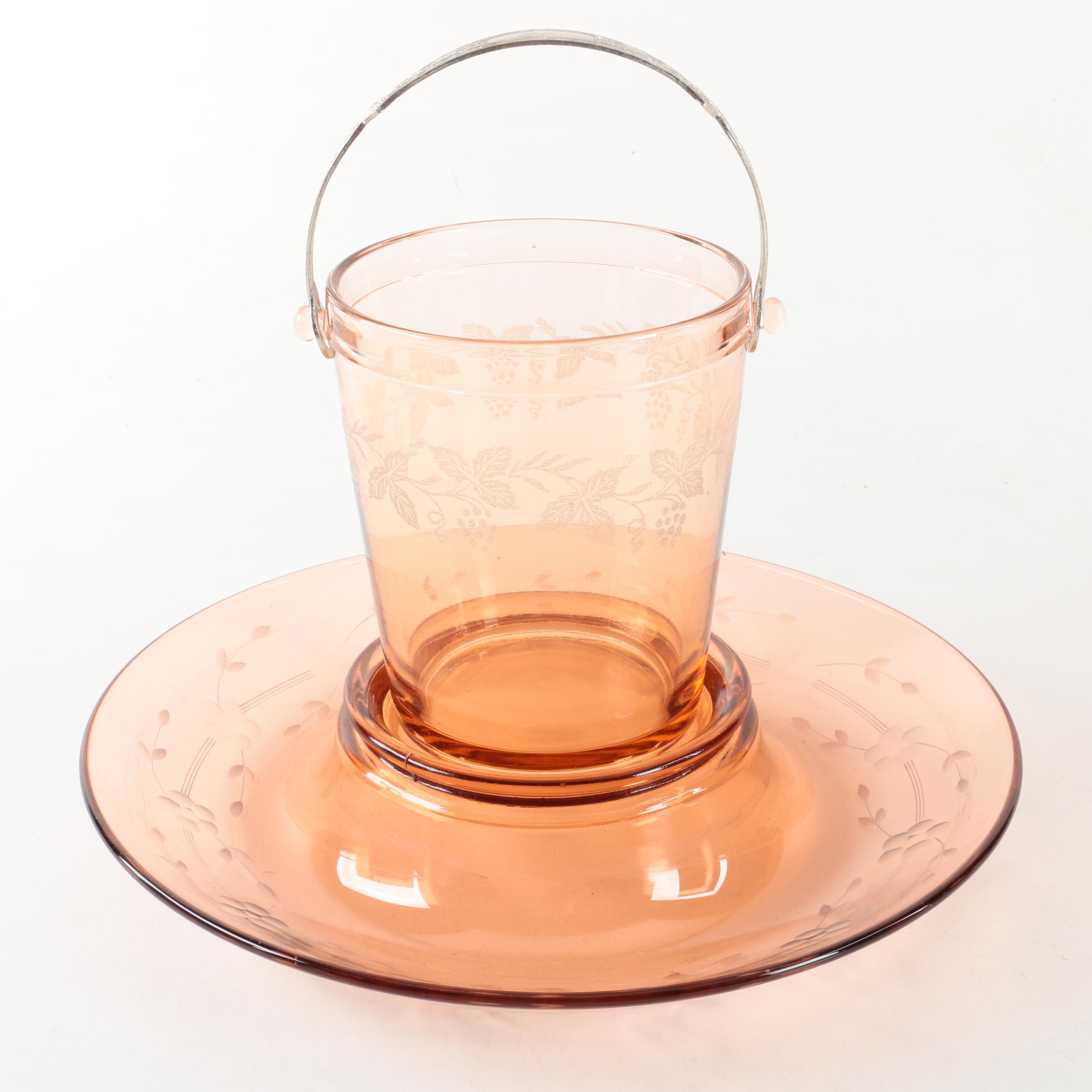 Vintage Etched Pink Glass Ice Bucket and Console Dish