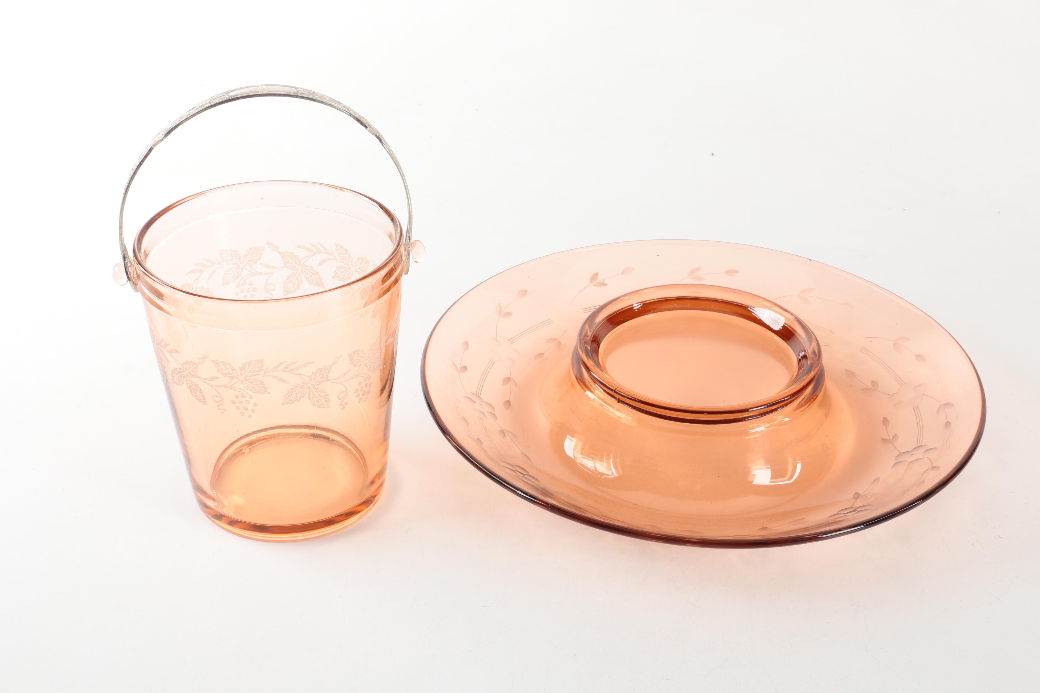 Vintage Etched Pink Glass Ice Bucket and Console Dish