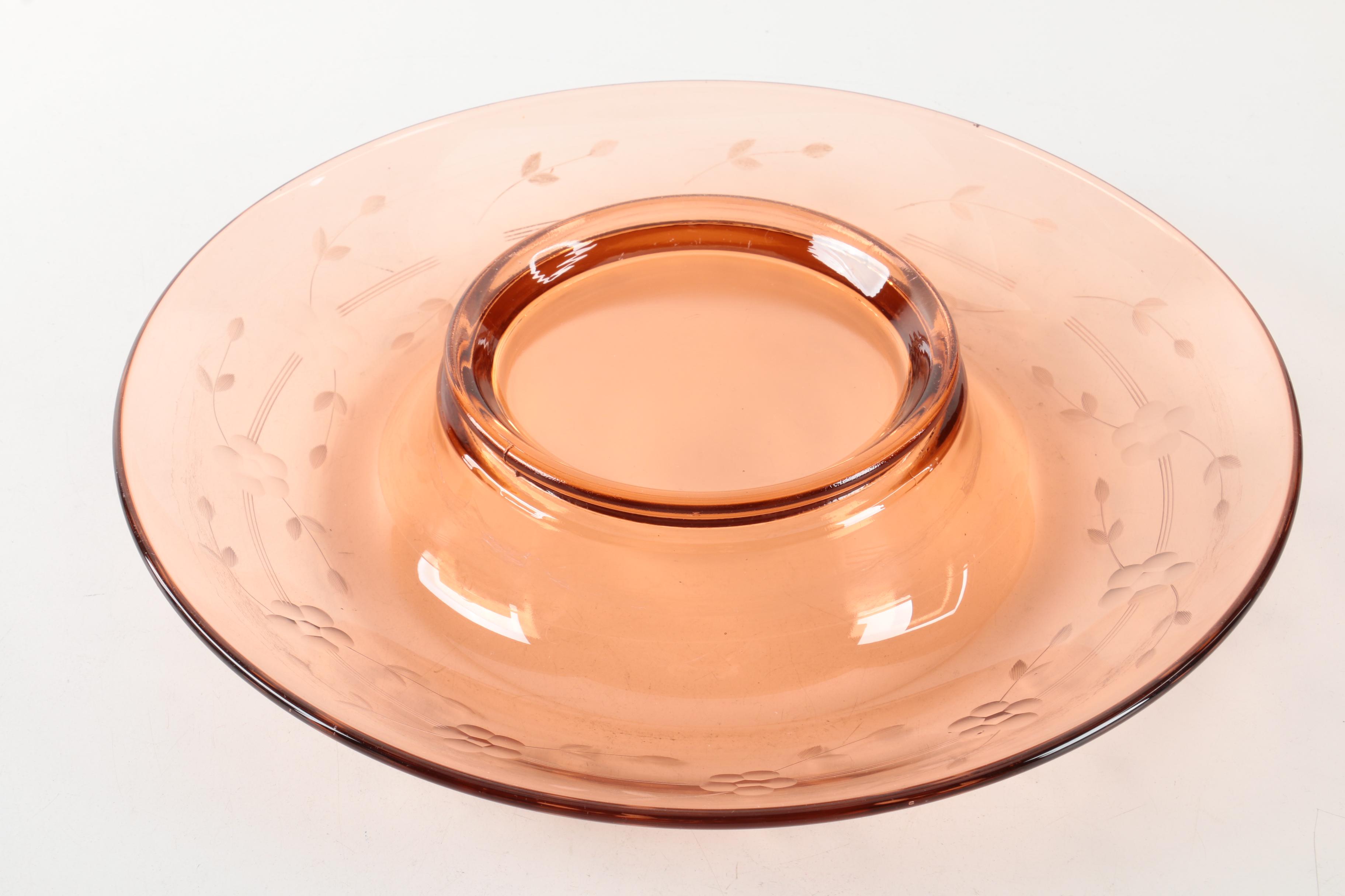 Vintage Etched Pink Glass Ice Bucket and Console Dish