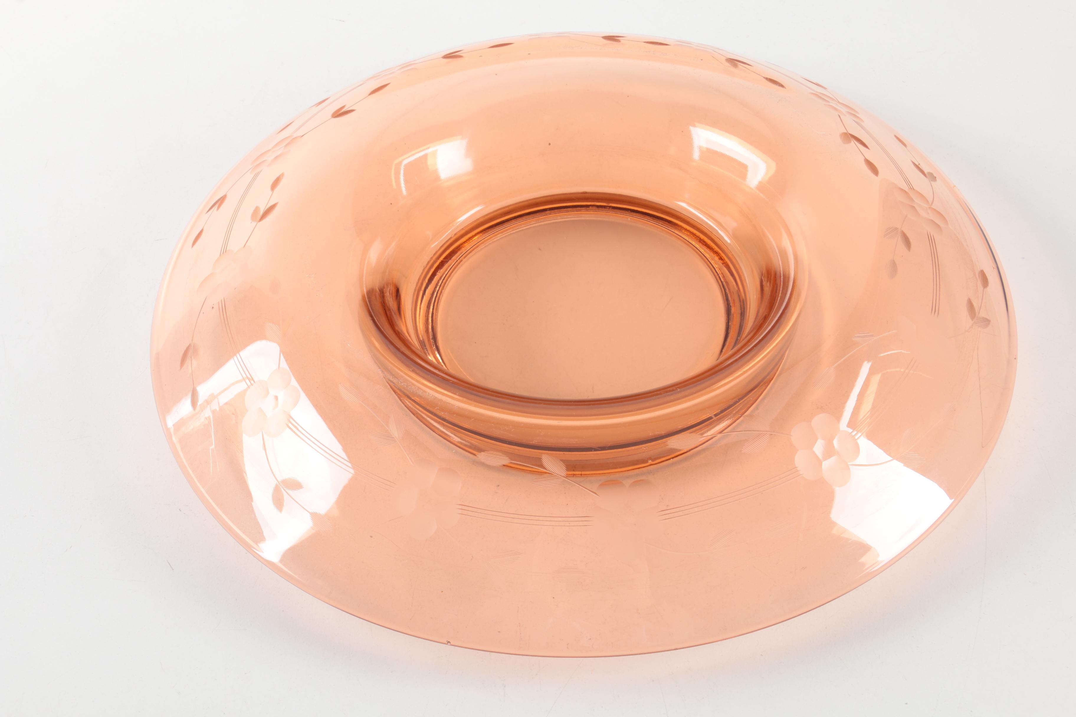 Vintage Etched Pink Glass Ice Bucket and Console Dish