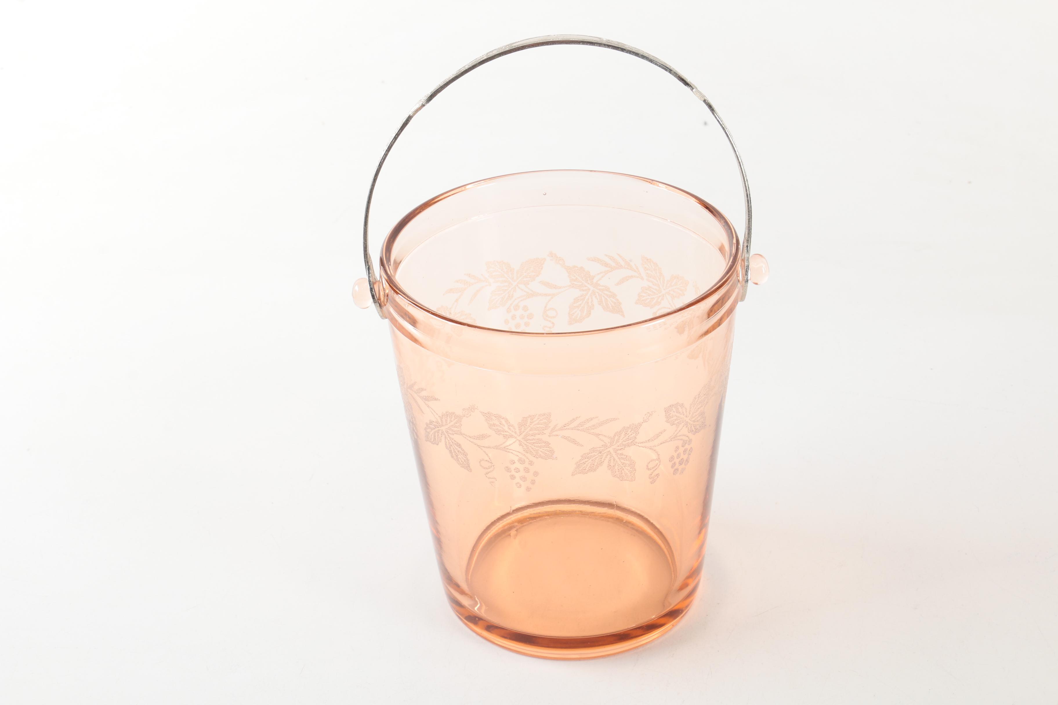 Vintage Etched Pink Glass Ice Bucket and Console Dish