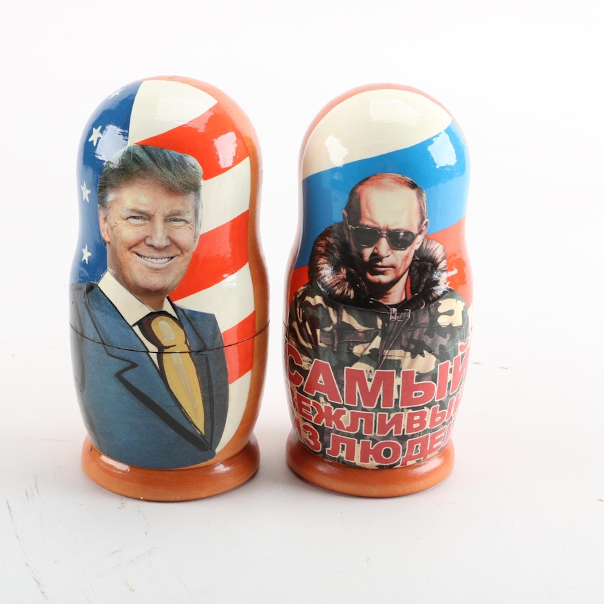 Matryoshka Nesting Dolls Featuring US Presidents and Vladimir Putin