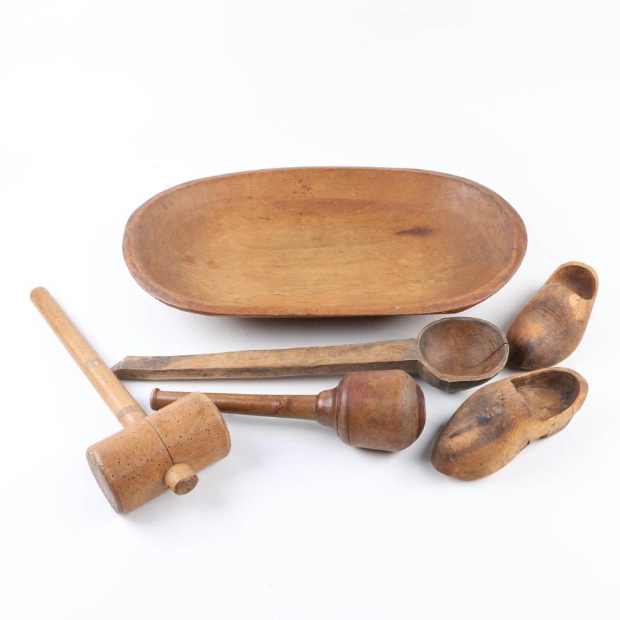 Vintage Wooden Dough Bowl, Mallet, Pestle, Ladle and Shoes