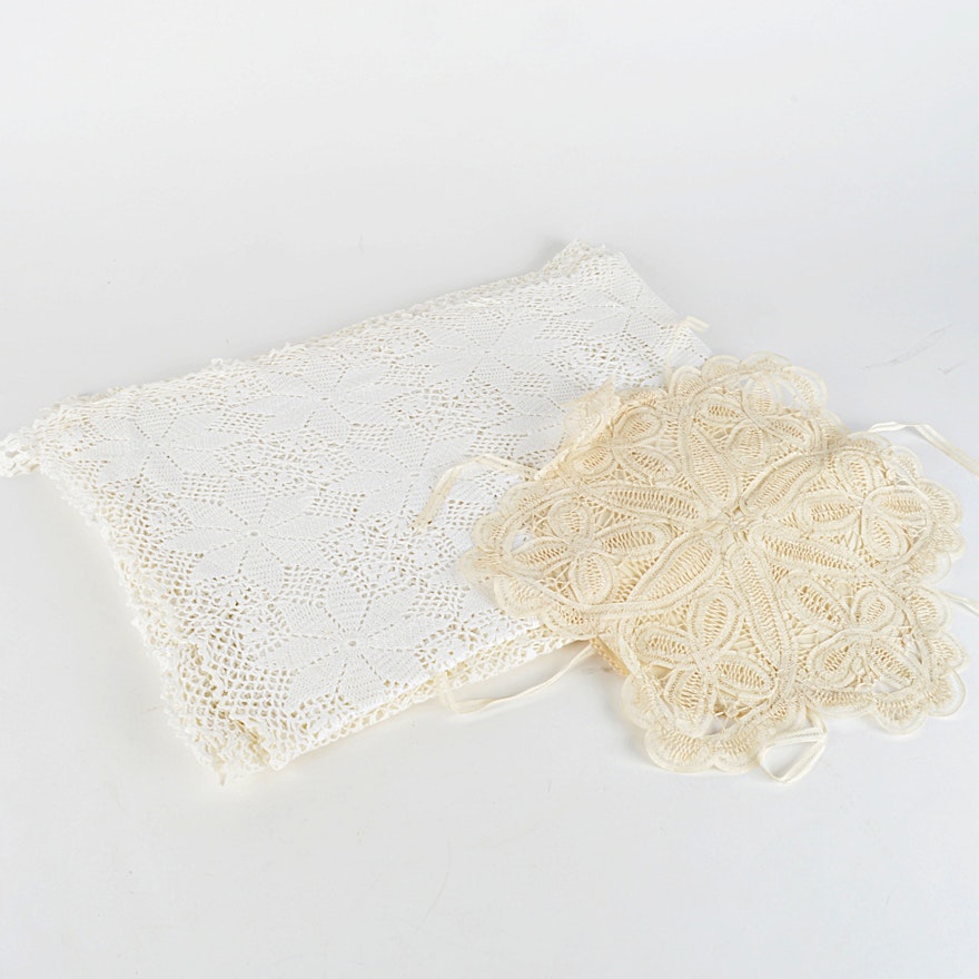 Vintage Hand Crocheted Tablecloth and Tape Lace Pillow Cover