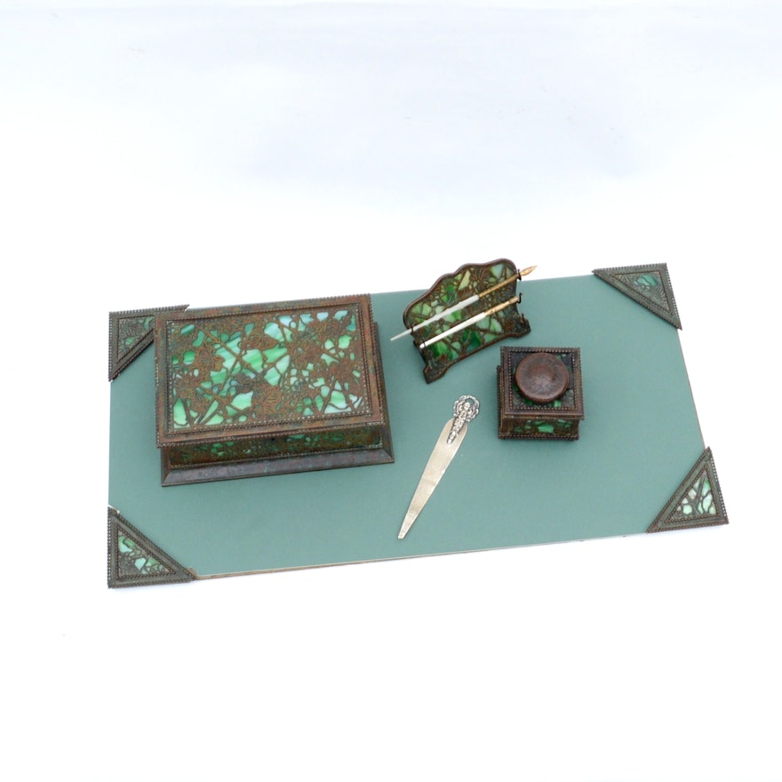 Tiffany Studios Glass and Bronze Desk Set