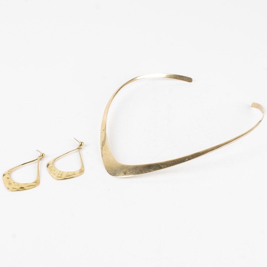 14K Yellow Gold "V" Cuff Necklace and Gold Tone Earrings