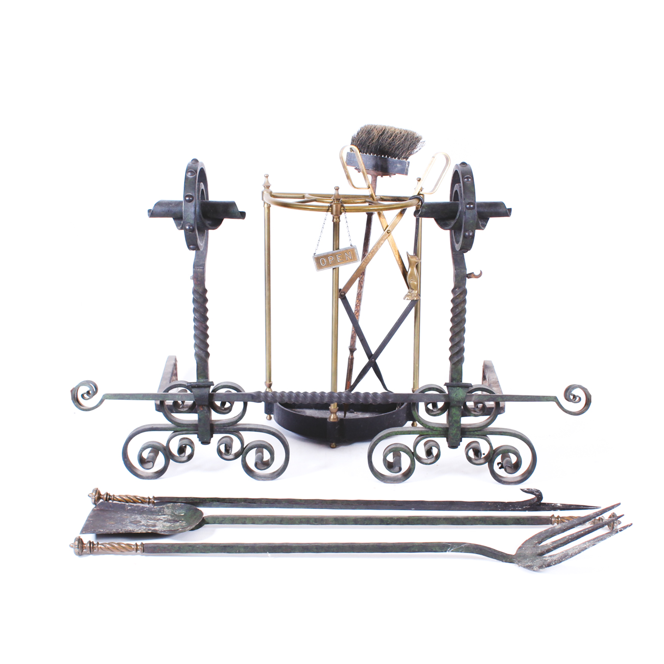 Antique Wrought Iron Gothic Fireplace Andirons with Tools