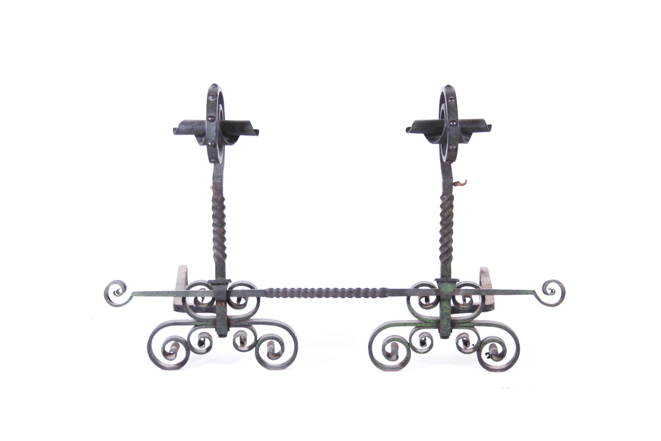 Antique Wrought Iron Gothic Fireplace Andirons with Tools