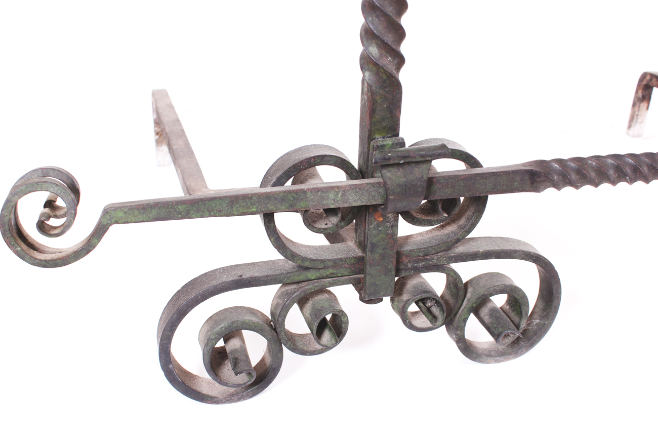 Antique Wrought Iron Gothic Fireplace Andirons with Tools