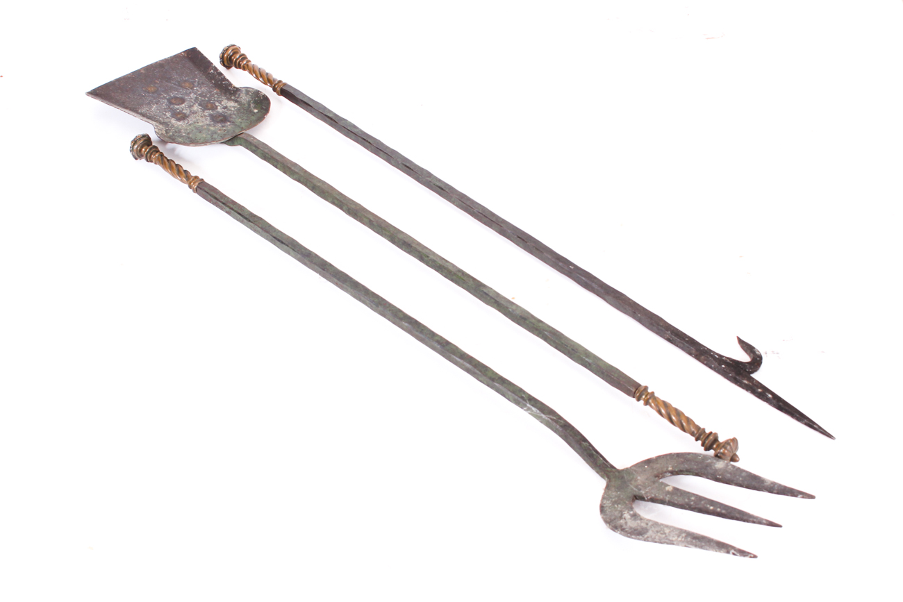 Antique Wrought Iron Gothic Fireplace Andirons with Tools