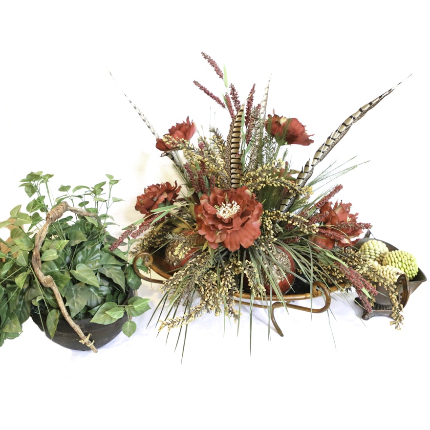 Collection of Faux Floral Arrangements in Decorative Planters