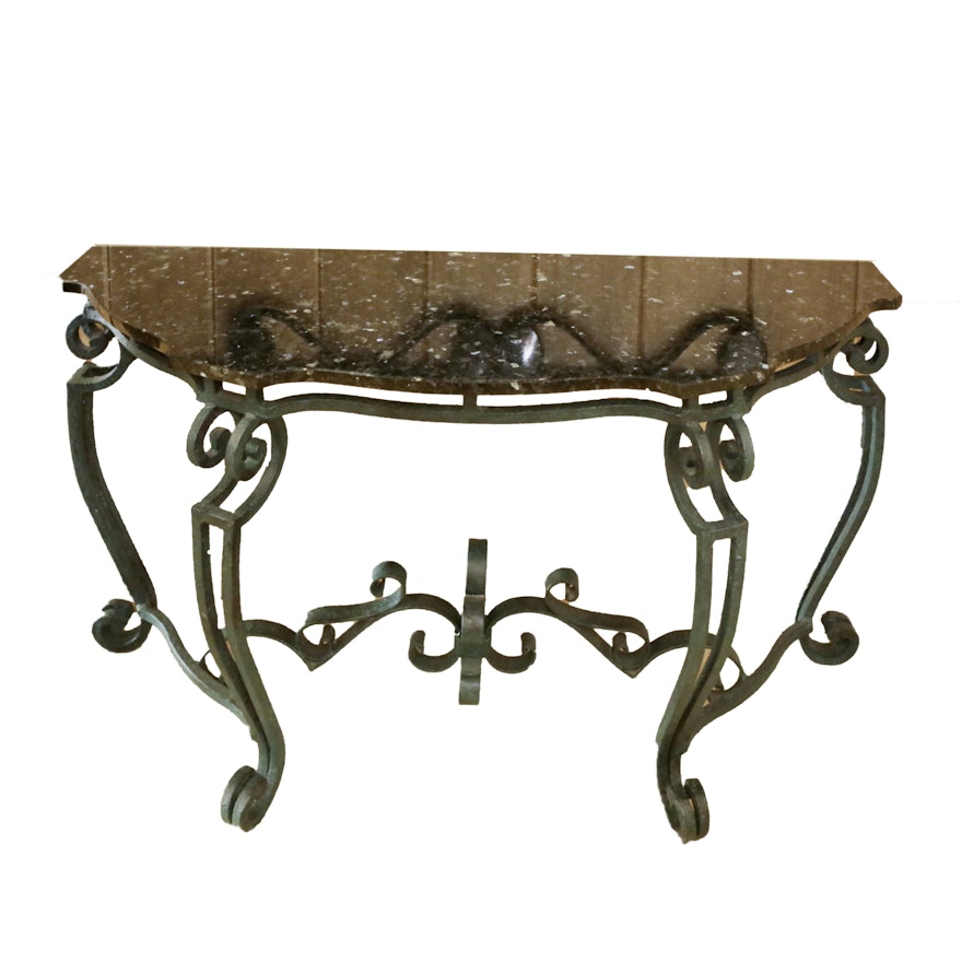 Scrolled Metal Console Table with Stone Top