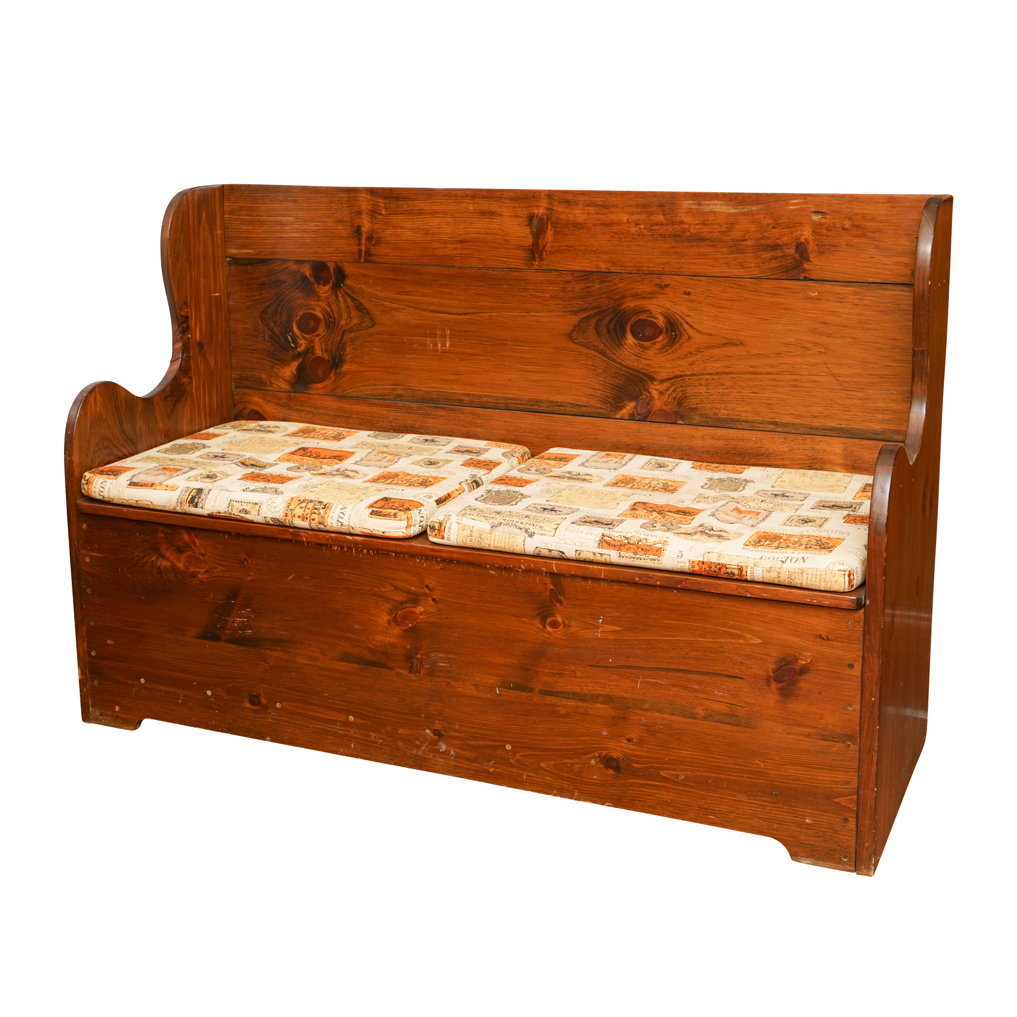 Vintage Stained Pine High-back Bench with Storage