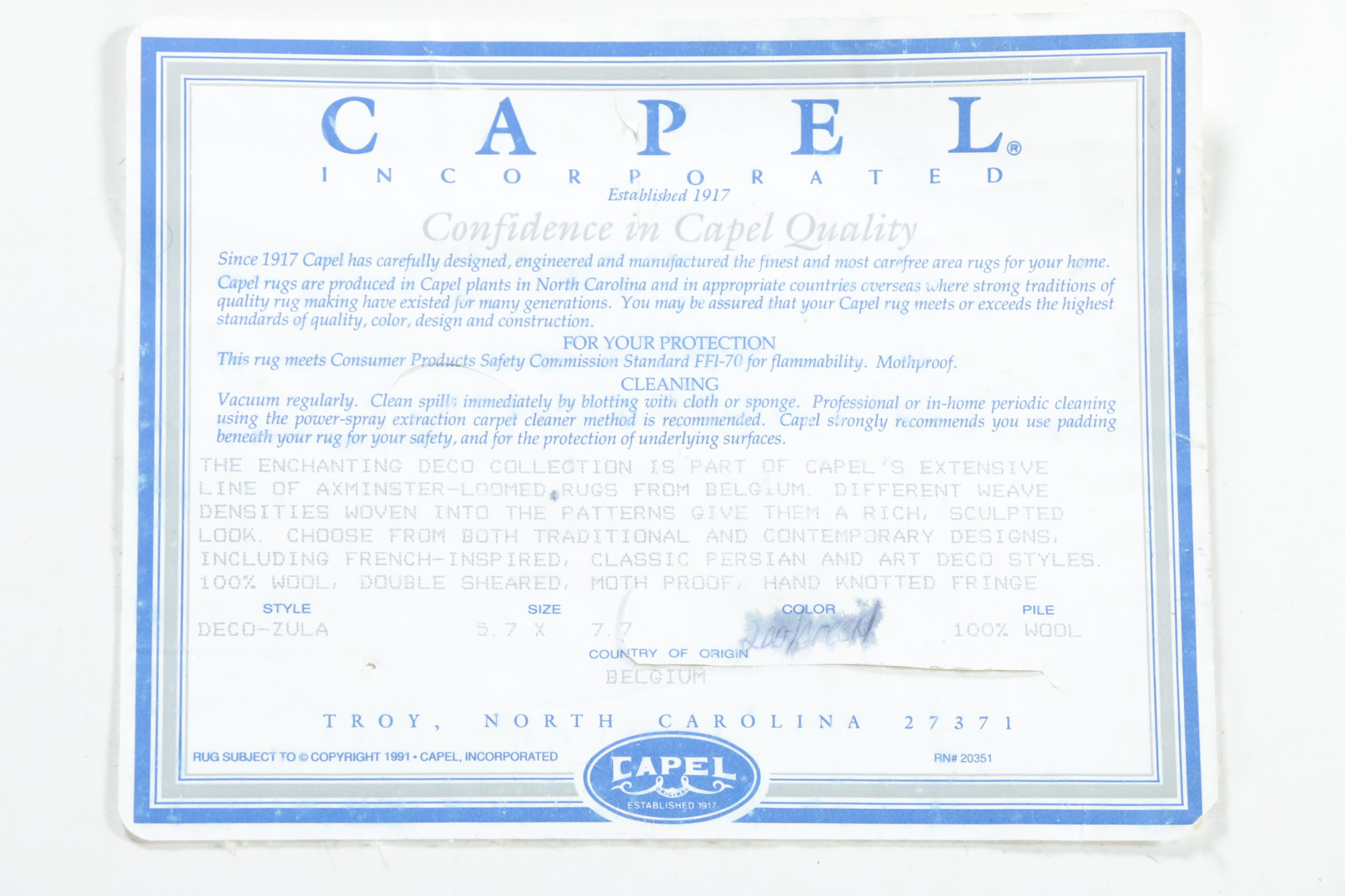 Power-Loomed Capel "Deco-Zula" Wool Area Rug