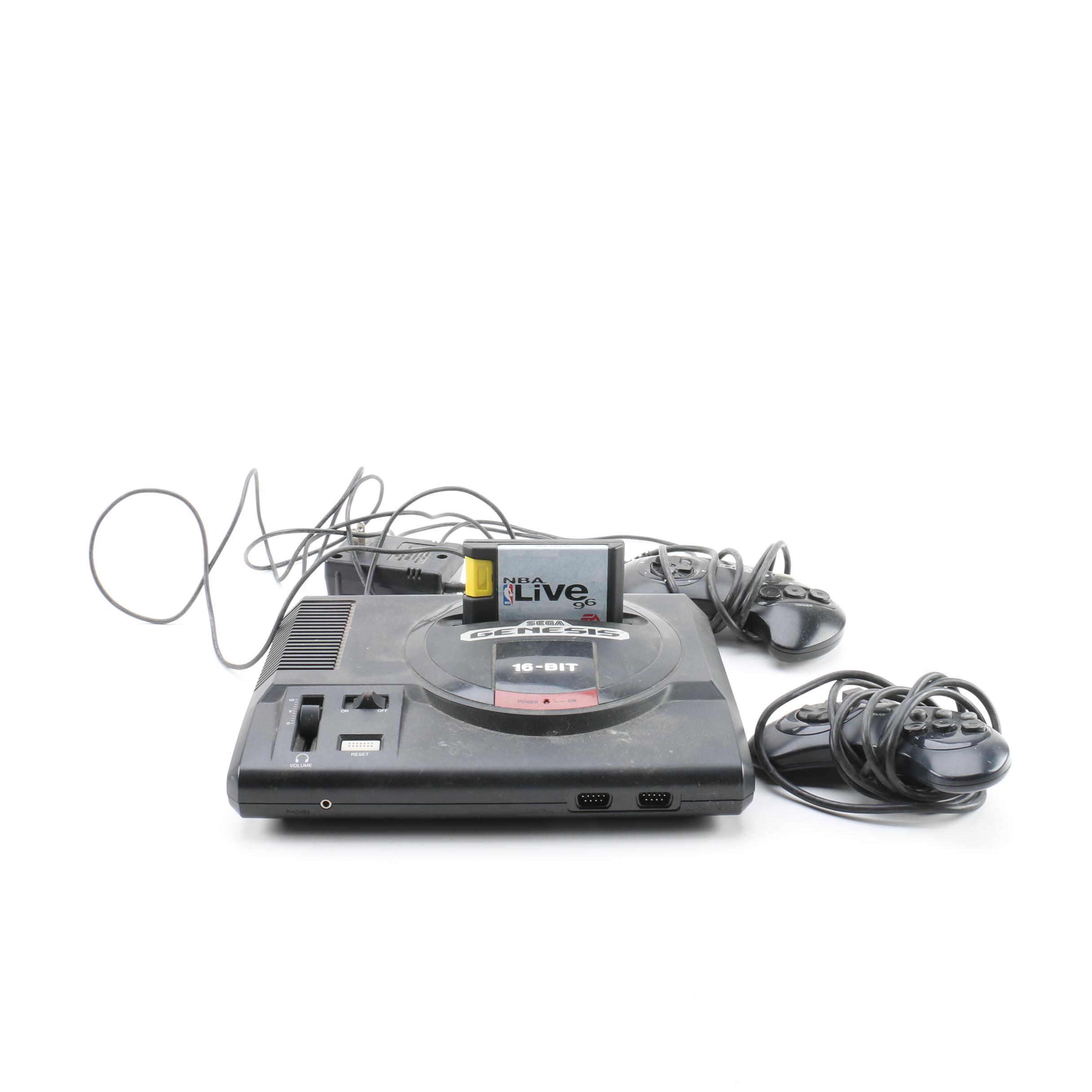 Sega Genesis Game Console with Controllers and "NBA Live 96"