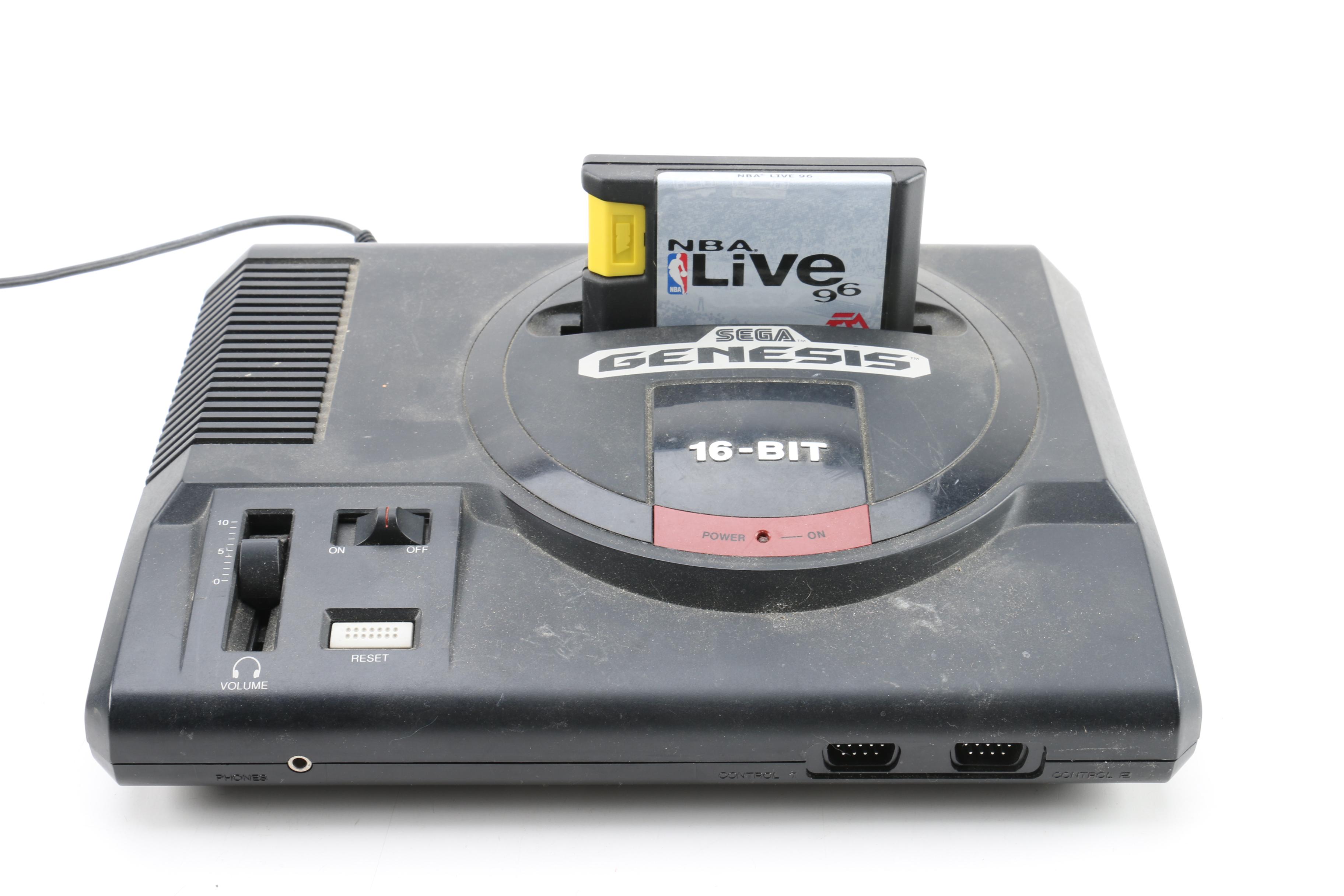 Sega Genesis Game Console with Controllers and "NBA Live 96"