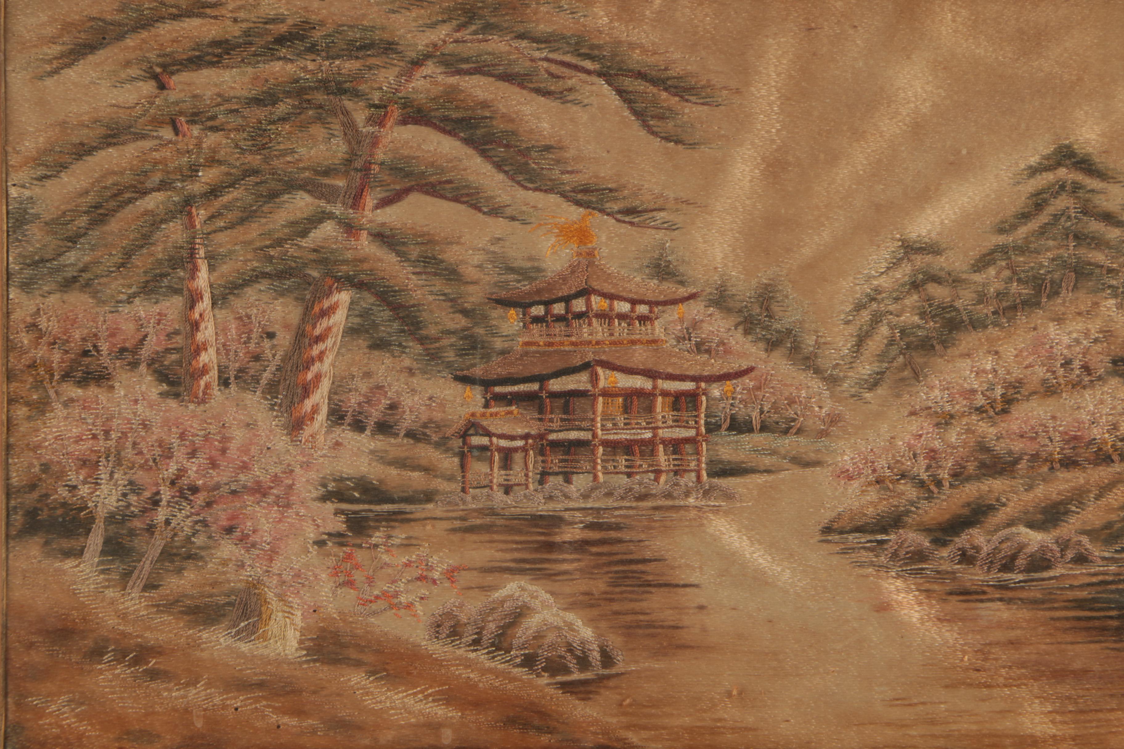 East Asian Silk Embroidery of a Pagoda in a Garden