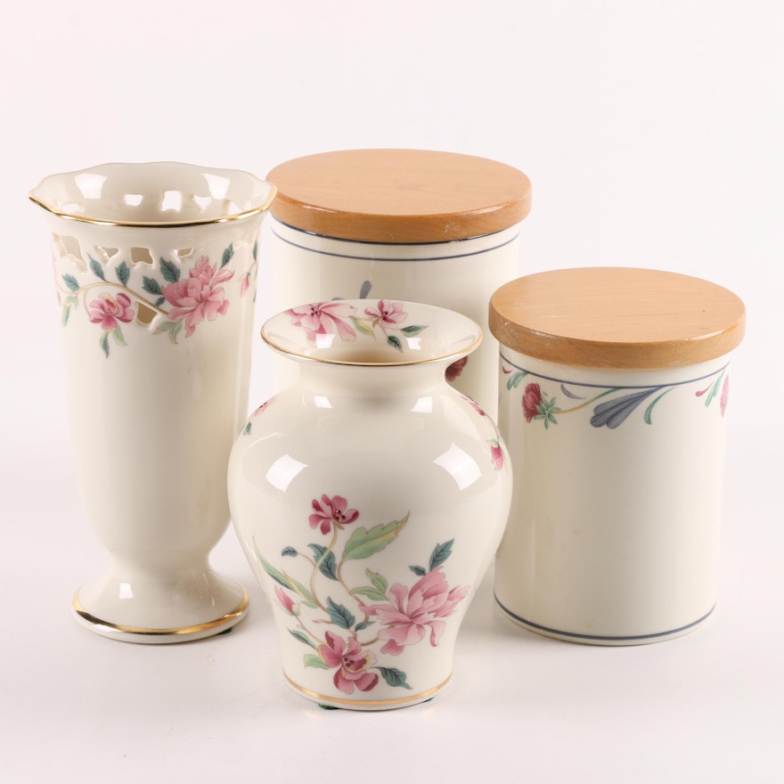 Lenox "Poppies on Blue" Canisters with Wood Lids and "Barrington" Floral Vases