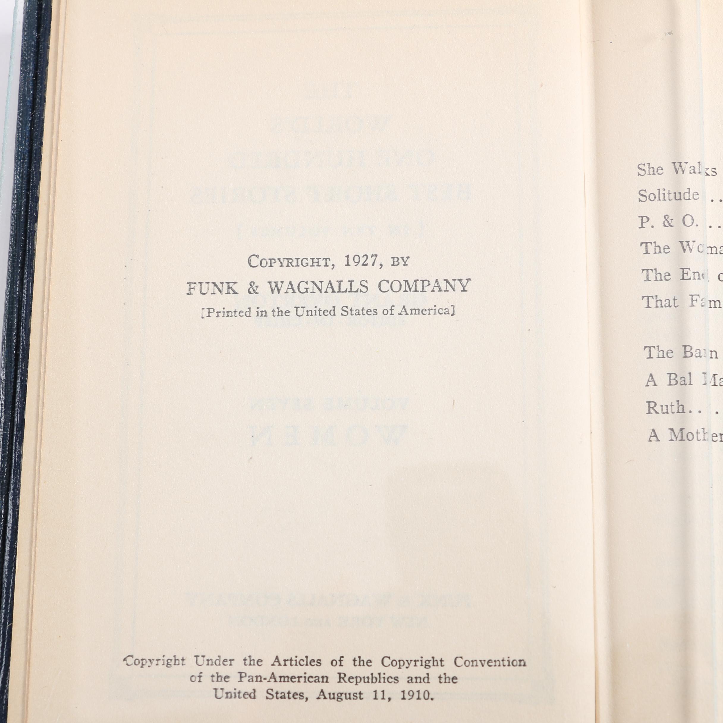 1927 "The World's One Hundred Best Short Stories" in Ten Volumes