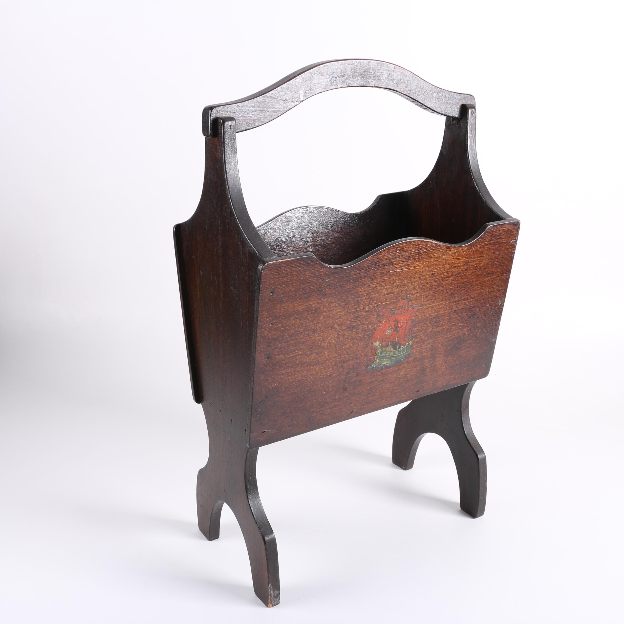 Vintage Wooden Magazine Rack with Ship Motif