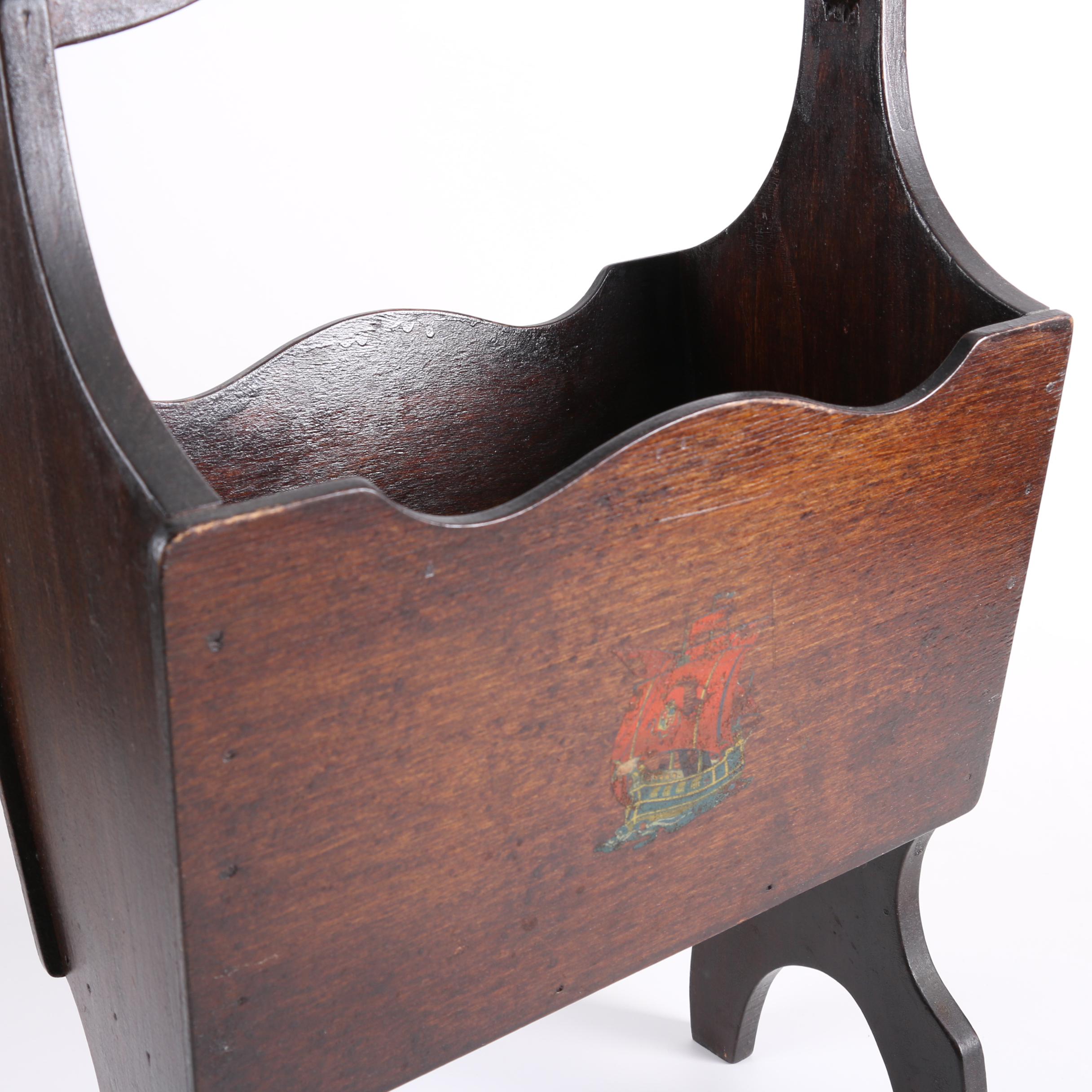 Vintage Wooden Magazine Rack with Ship Motif