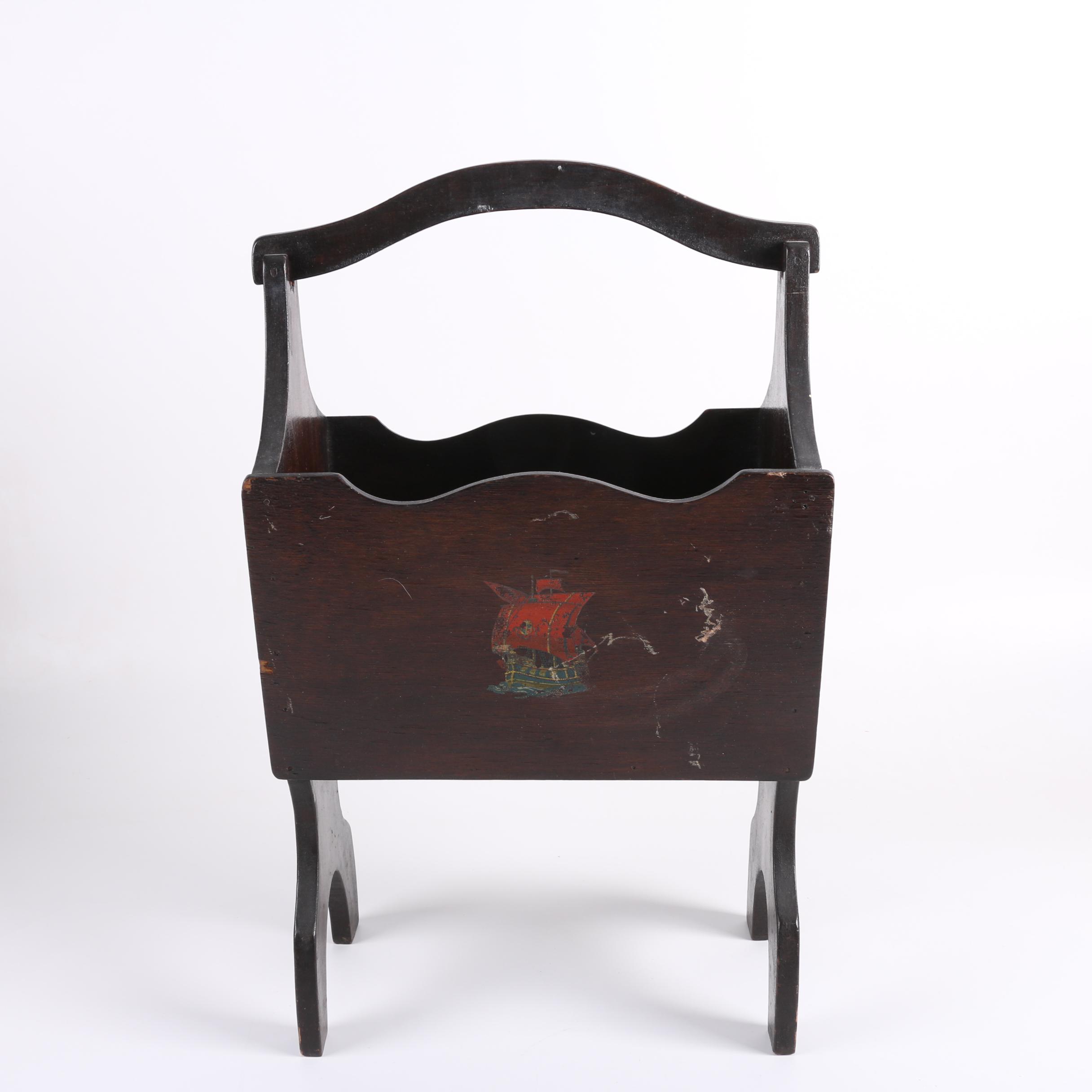 Vintage Wooden Magazine Rack with Ship Motif