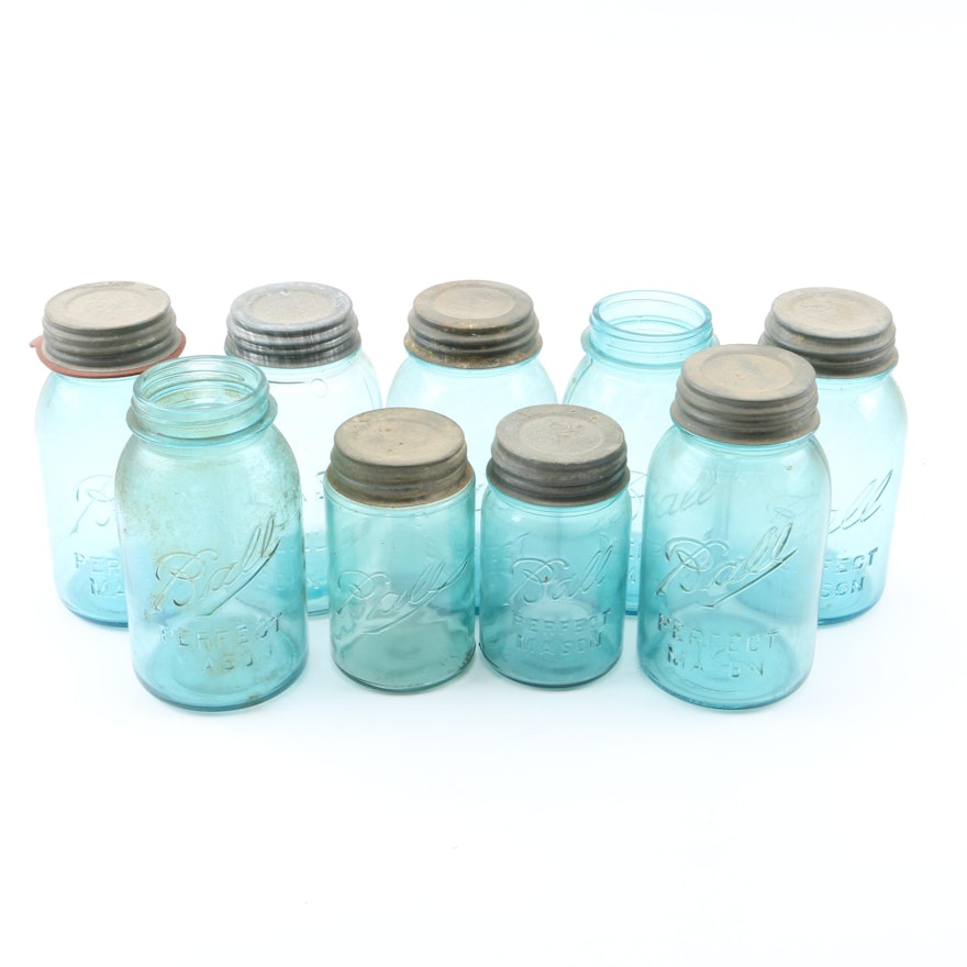 Vintage Sky Blue Tone Glass Atlas and Ball Mason Jars