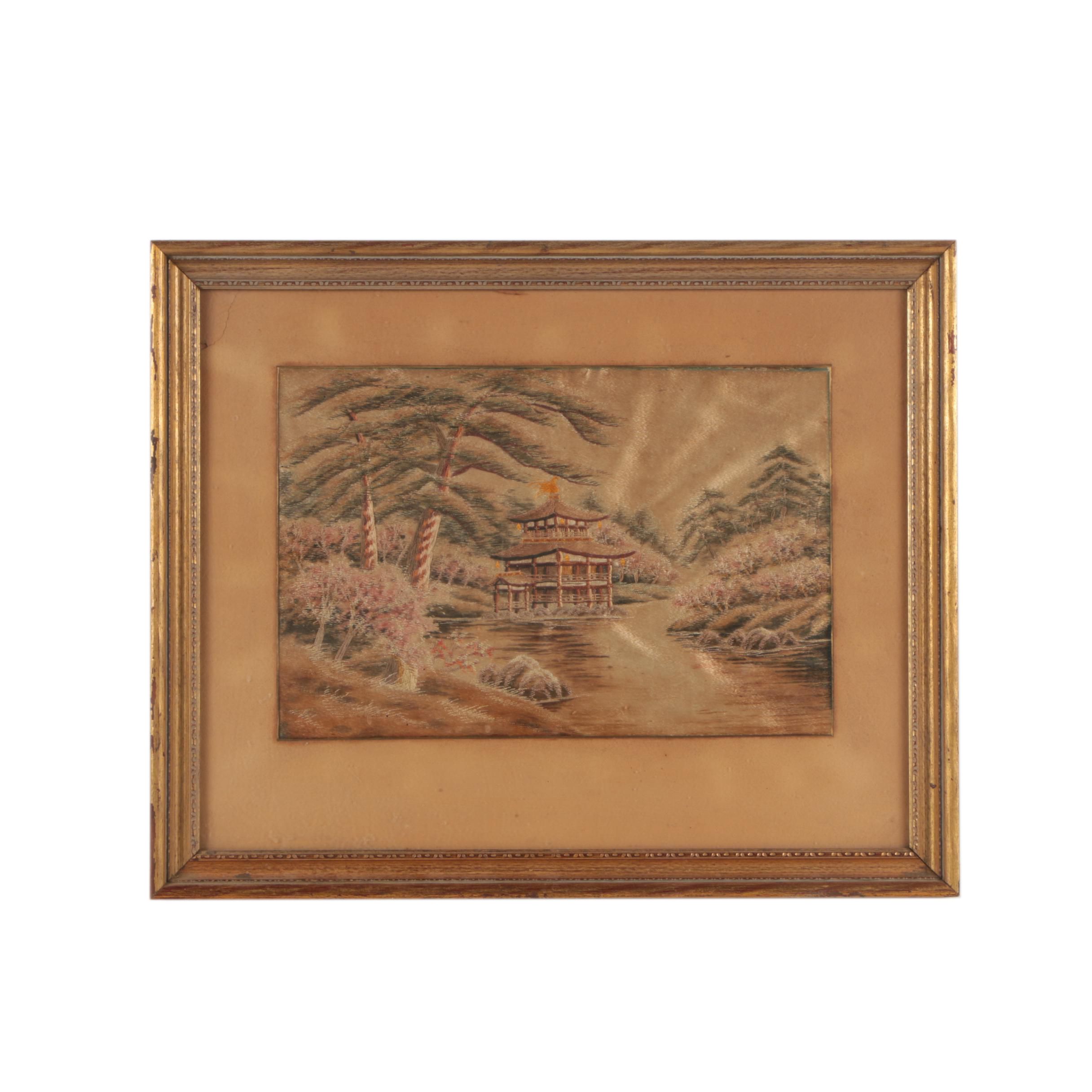 East Asian Silk Embroidery of a Pagoda in a Garden