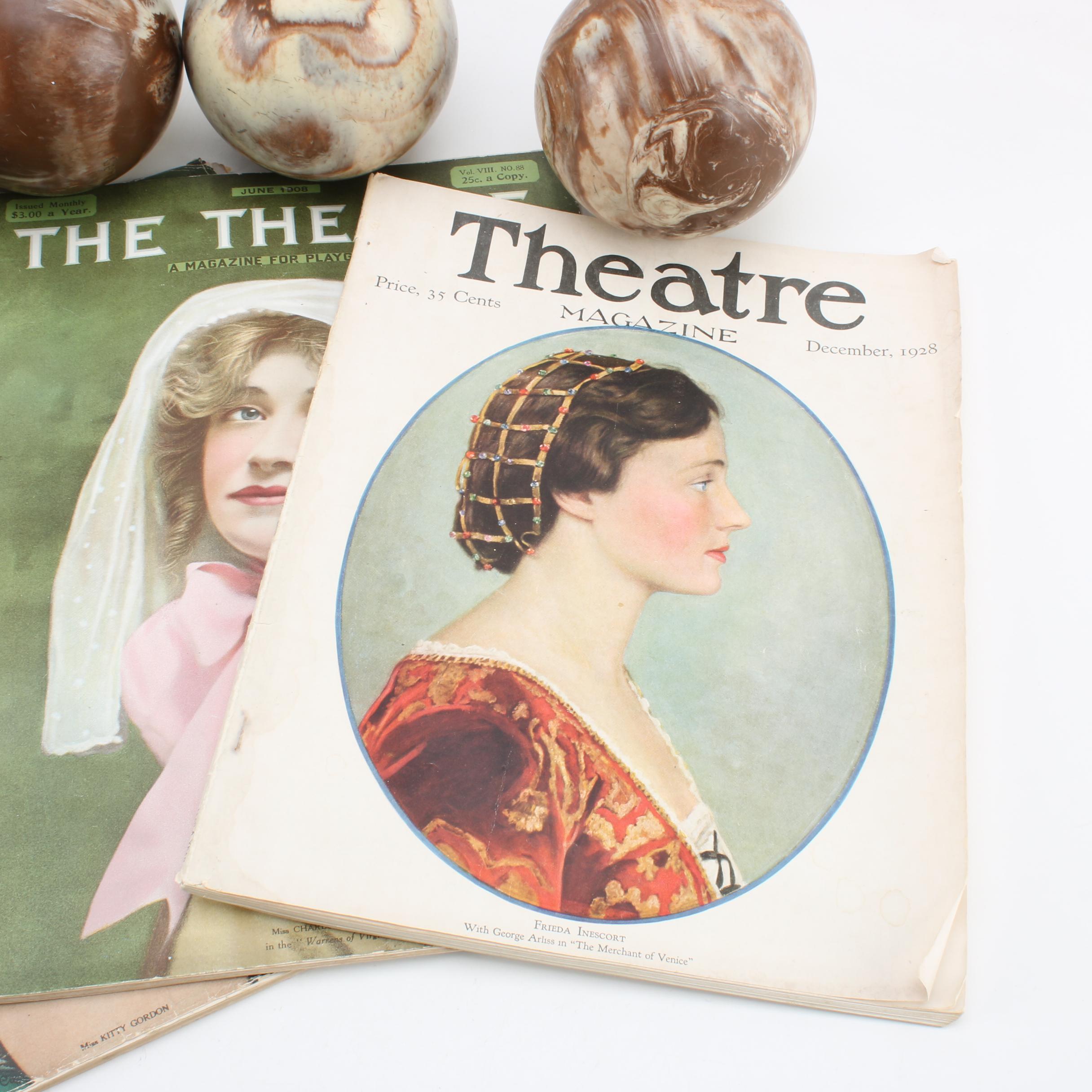 Antique "The Theatre" Magazines with Vintage Bocce Ball Set