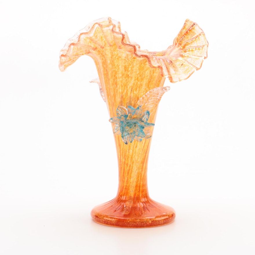 Venetian Aventurine Glass Vase with Applied Floral Accents
