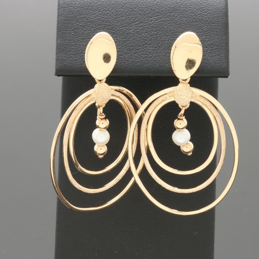 14K Yellow Gold Cultured Pearl Open Oval Drop Earrings