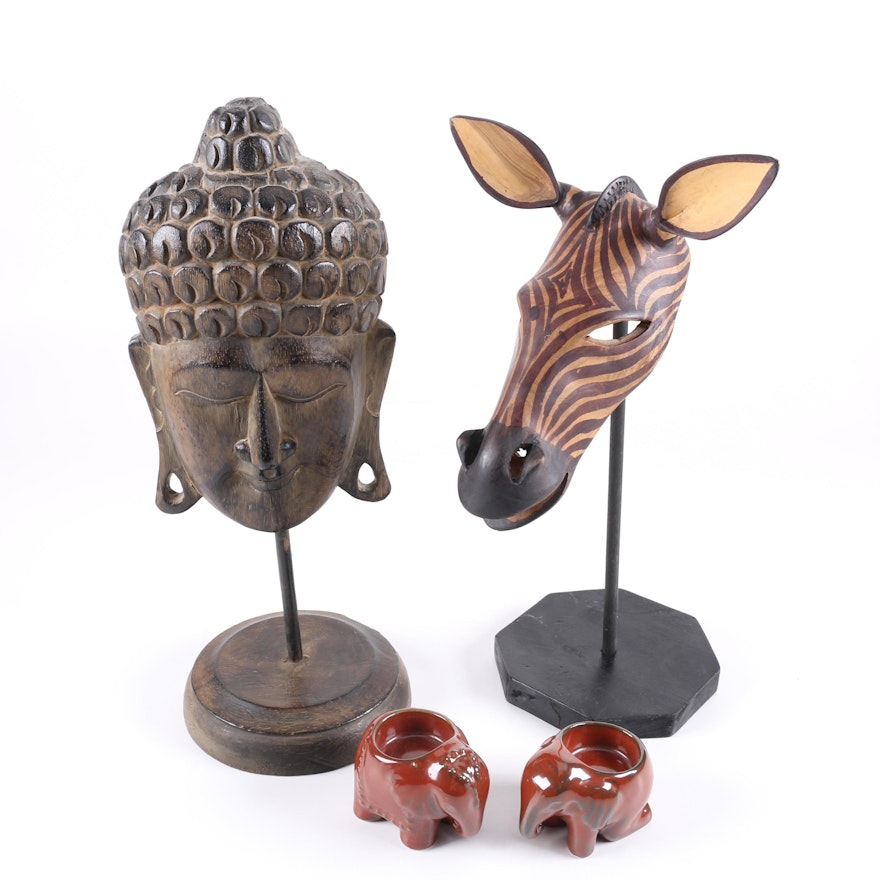 Wood Buddha and Mask Statues and Ceramic Candle Holders