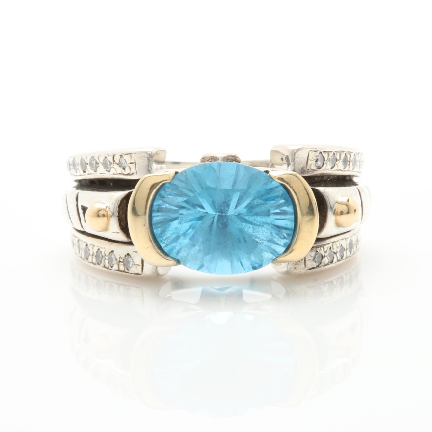 John Atencio Sterling Silver 18K Yellow Gold Blue Topaz and Diamond Ring