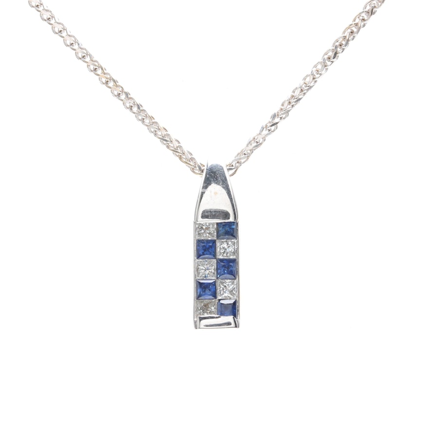 14K White Gold Diamond and Blue Sapphire Necklace