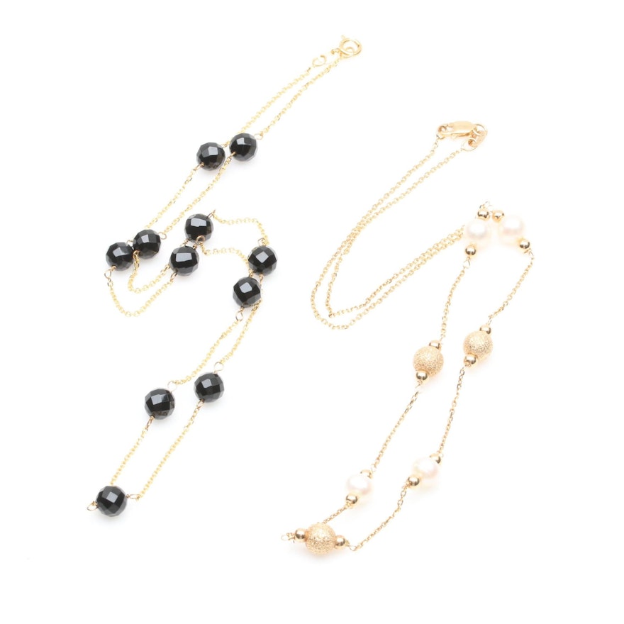 14K Yellow Gold Black Onyx Necklace with 14K Yellow Gold Cultured Pearl Necklace