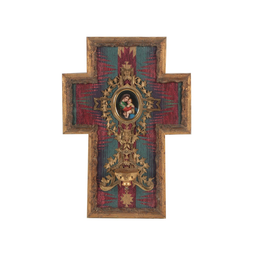 Mixed Media Cross with Hand-Painted Porcelain Medallion and Holy Water Font