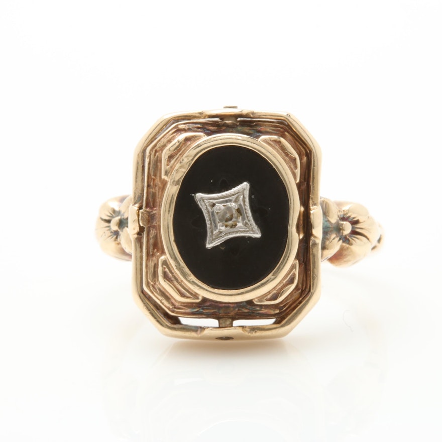 Victorian 10K Yellow Gold Cameo, Diamond, and Black Onyx Reversible Ring