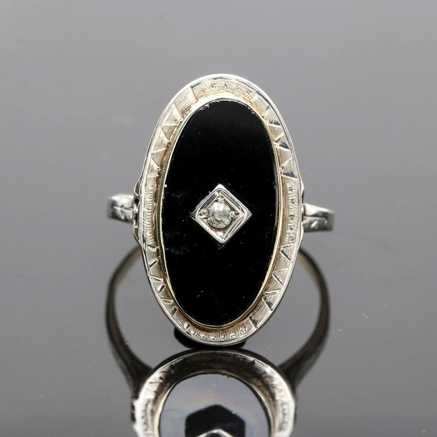 10K and 14K Yellow Gold Black Onyx and White Sapphire Ring