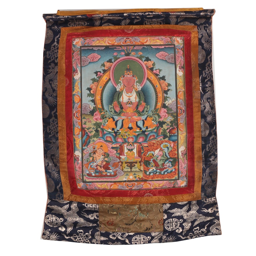 Hand-Painted Tibetan Buddhist Thangka of Amitabha