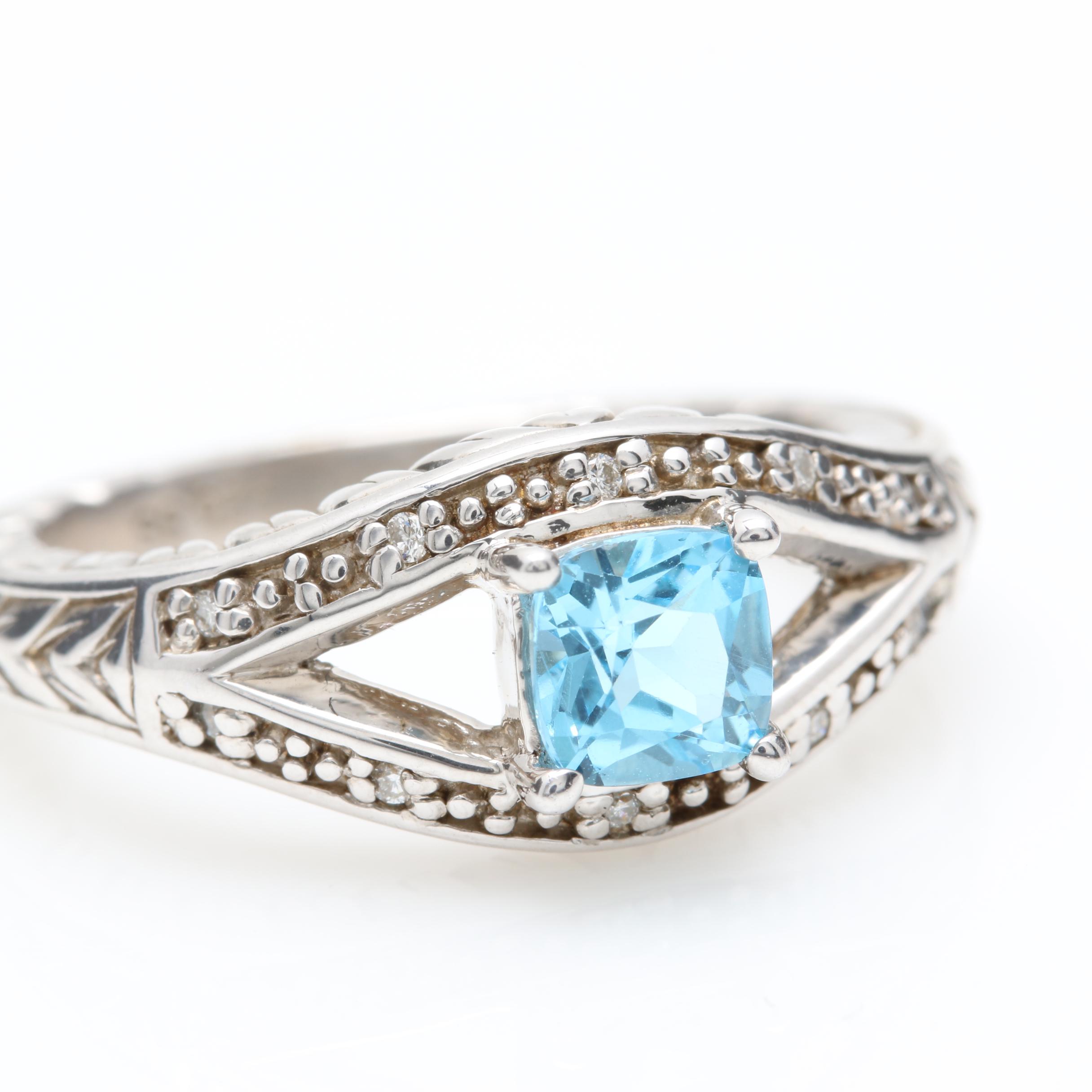 Kate McCuller Sterling Silver Blue Topaz and Diamond Ring