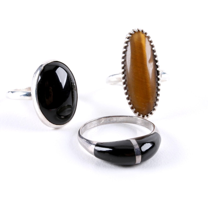 Sterling Silver Ring Assortment Including Tiger's Eye and Black Onyx