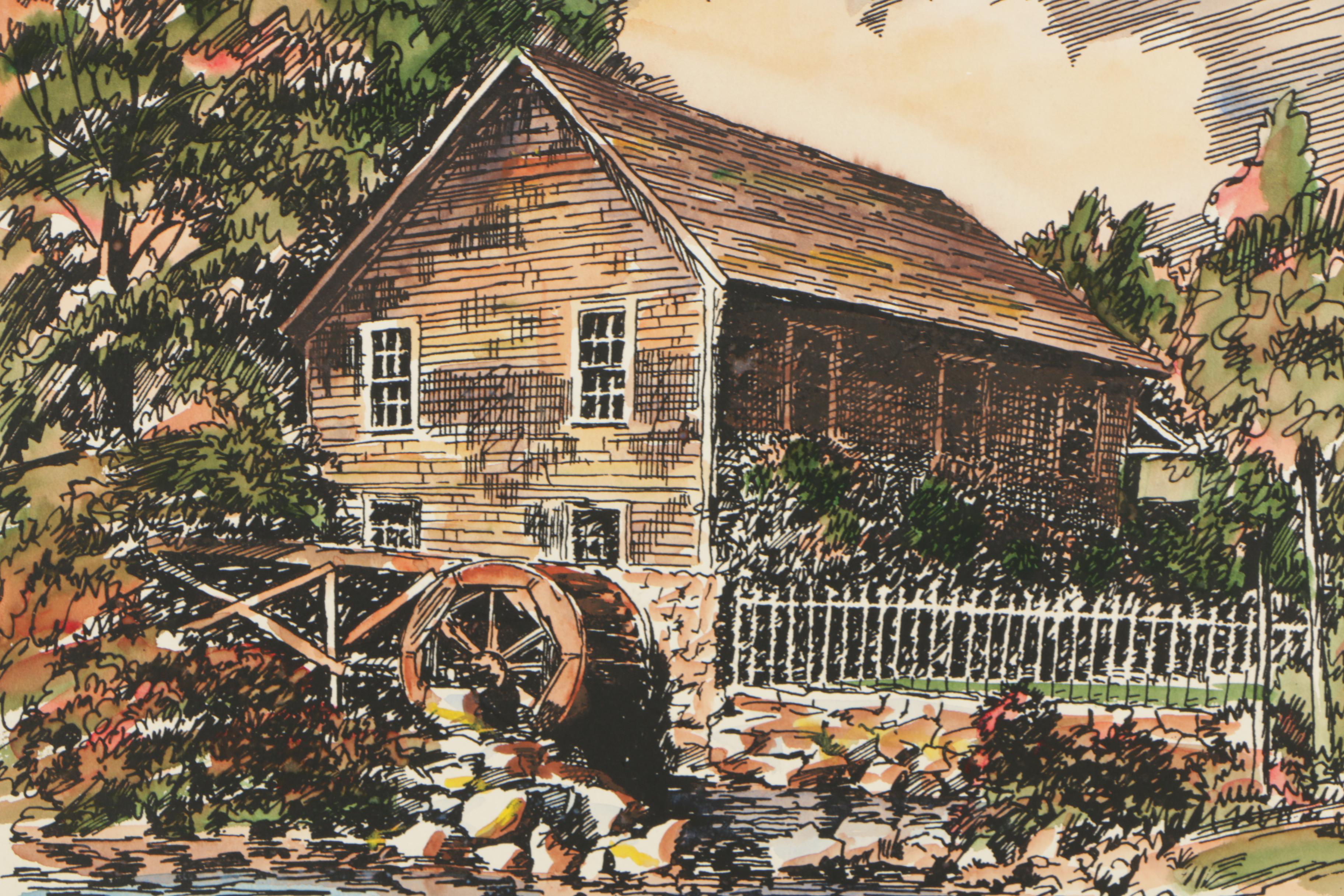 Milton Welt Late 20th-Century Ink and Watercolor Illustration "Old Grist Mill"