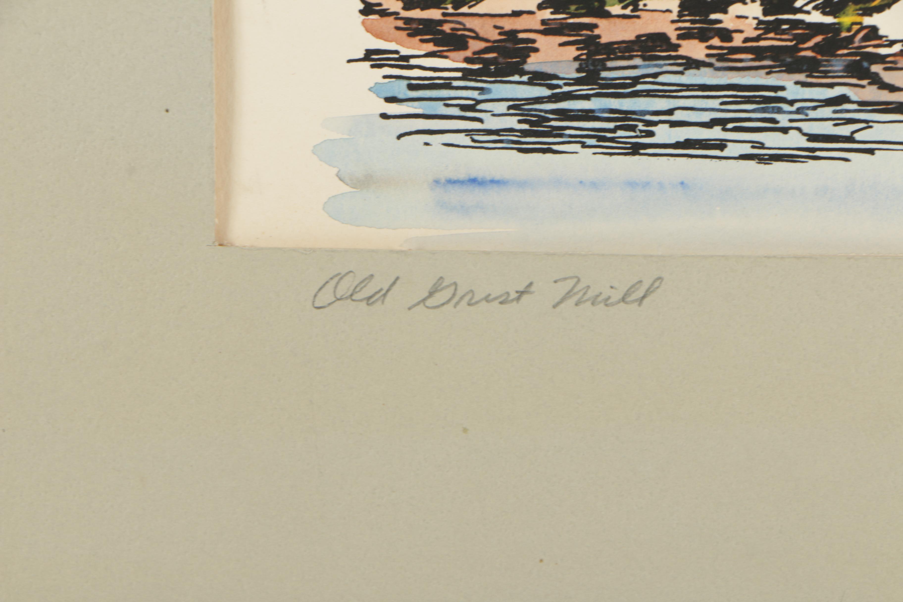 Milton Welt Late 20th-Century Ink and Watercolor Illustration "Old Grist Mill"