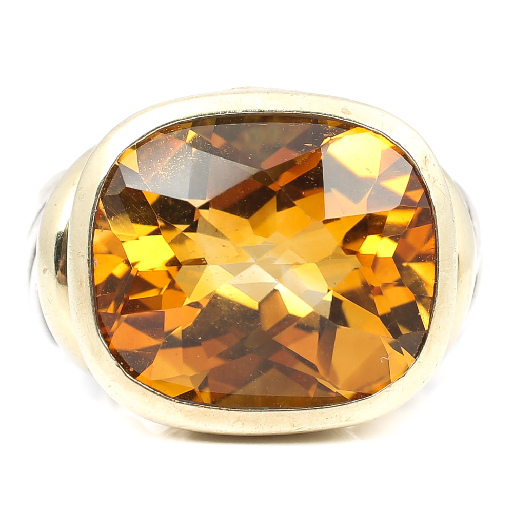 Sterling Silver David Yurman Citrine Ring with a 14K Yellow Gold Frame
