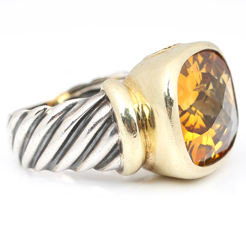 Sterling Silver David Yurman Citrine Ring with a 14K Yellow Gold Frame