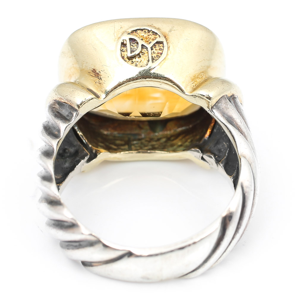 Sterling Silver David Yurman Citrine Ring with a 14K Yellow Gold Frame